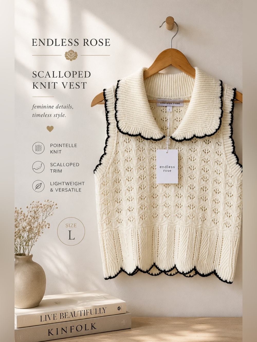 Endless Rose Scalloped Pointelle Knit Sweater Vest Cream Black Trim Size Large